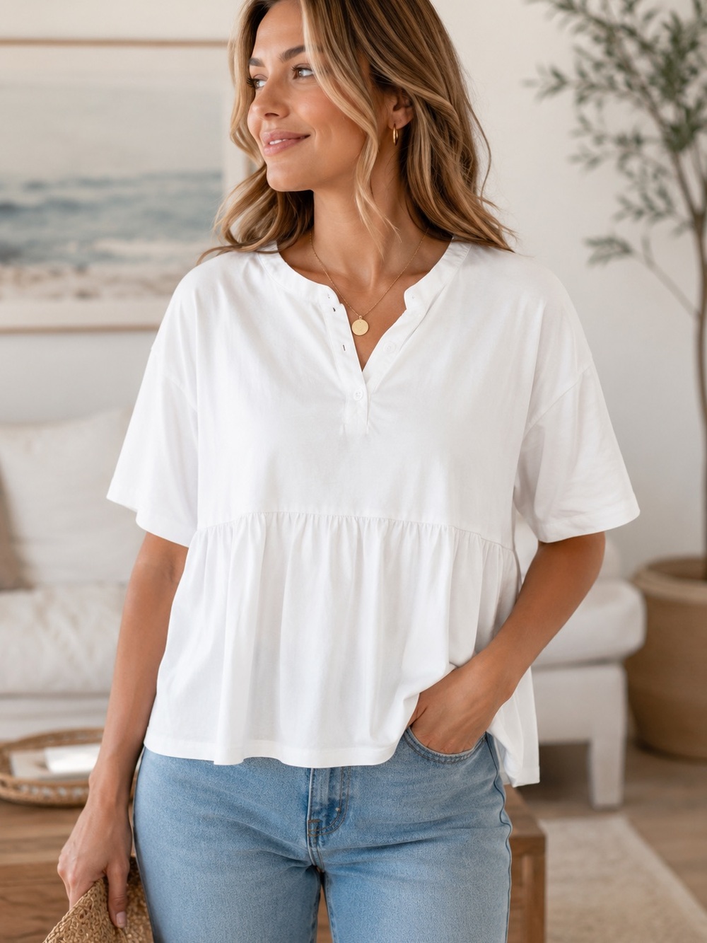 AMMA airy peplum coastal chic 💯 cotton blouse relaxed fit white size 0